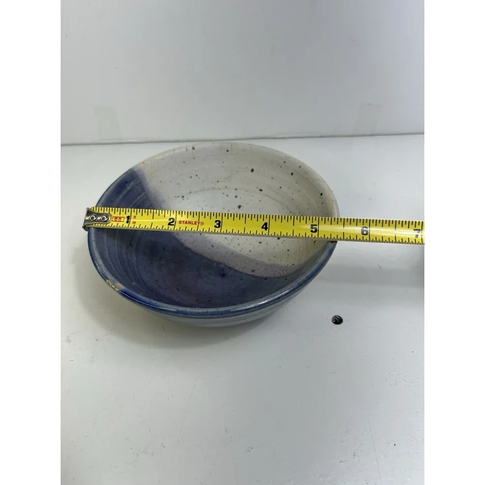 Artisan Studio Pottery Stoneware Ceramic Bowl 6.5 Blue White Dipped Glaze